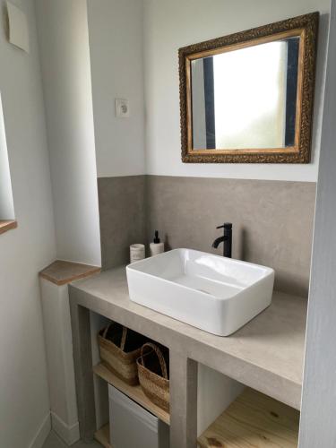 une salle de bain avec un lavabo blanc et un miroir dans l'établissement La Maison du Papé, à Monteils