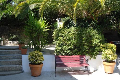 a red bench sitting in front of some plants at Casa de Marlães in Lousada
