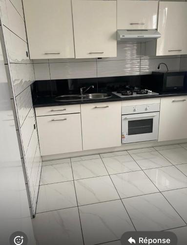 une cuisine blanche avec un évier et une cuisinière dans l'établissement Joli appartement limite Lyon 8, tram T4, à Vénissieux