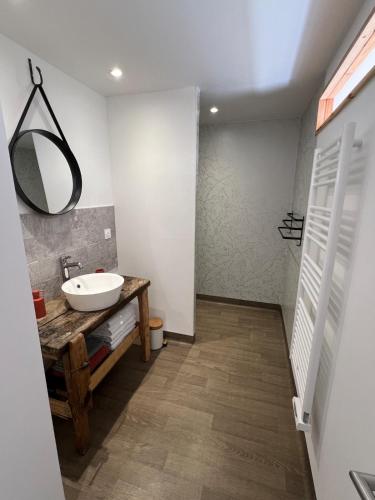 a bathroom with a sink and a mirror at Les Iris - Maison chaleureuse, proche Puy du Fou, Clisson, vignobles Nantais in Montfaucon
