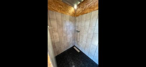 a bathroom with a shower with a tiled wall at Le Tipi 2 in Lecci