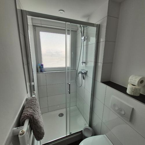 a bathroom with a shower and a toilet at Budget Base Apartment - 3 x Einzelzimmer in Braunschweig