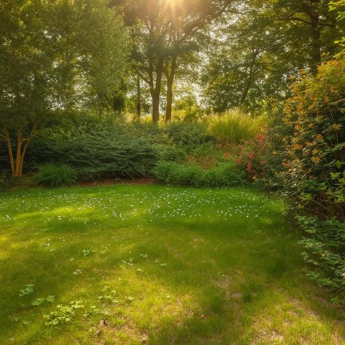 un jardin avec de l'herbe verte, des fleurs et des arbres dans l'établissement T3 cosy avec jardin et parking, calme et nature, à Bouchemaine