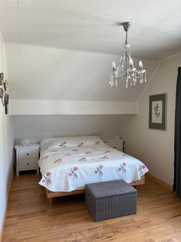 une chambre avec un lit et un lustre dans l'établissement La maison des castors, à Paimpol