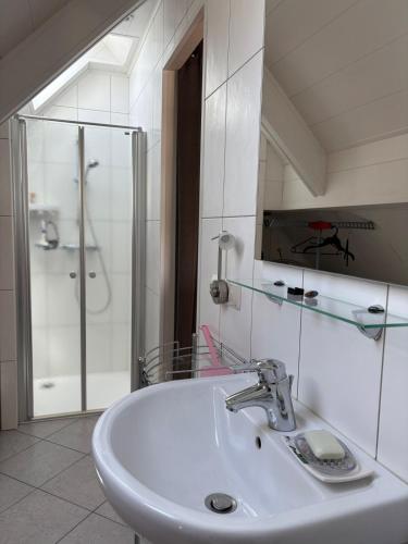 une salle de bain blanche avec un lavabo et une douche dans l'établissement La maison des castors, à Paimpol
