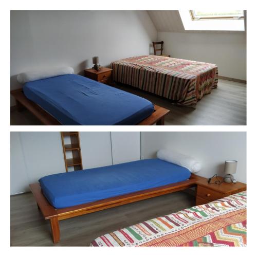 - deux photos d'une chambre avec un lit et un tapis dans l'établissement Le gîte de l'Aubépin, à Coulongé