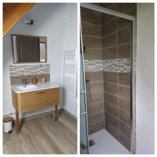 une salle de bain avec un lavabo et une douche dans l'établissement Le gîte de l'Aubépin, à Coulongé