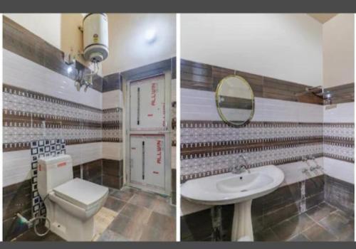 two pictures of a bathroom with a toilet and a sink at Hotel New Royal Plaza in Chandīgarh