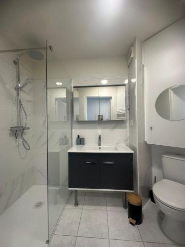 une salle de bain avec un lavabo, une douche et des toilettes dans l'établissement Front mer magnifique appartement en rez-de-jardin, à Canet