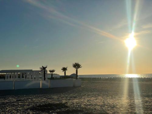 a sunset over a beach with palm trees and water at Stuv Mariken - Apartment in Warnemünde in Rostock