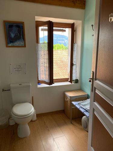 une salle de bain avec toilettes et fenêtre dans l'établissement Gîte Chez Charlot, à Chanaz