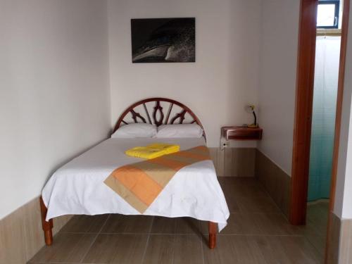 een slaapkamer met een bed met een gele handdoek erop bij Oasis Jeny 4 in Isla San Salvador