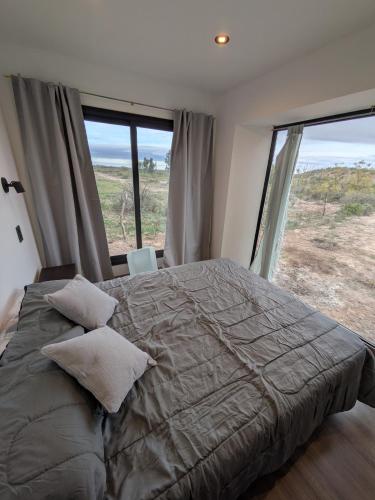 a bedroom with a large bed with a large window at Cabaña Container en Viñedos in San Rafael