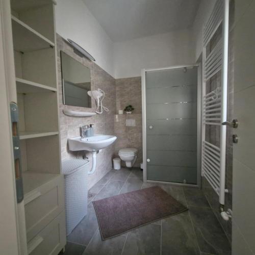a bathroom with a sink and a toilet and a mirror at Vila Natasa Apartment 5 near Plitvice in Vrhovine