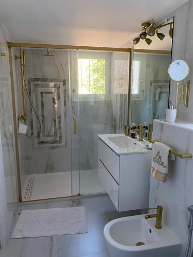 une salle de bain avec une douche, un lavabo et des toilettes dans l'établissement Cap Corse, T3 Spacieux à Erbalunga Village Typique & Plage à Pied, à Brando