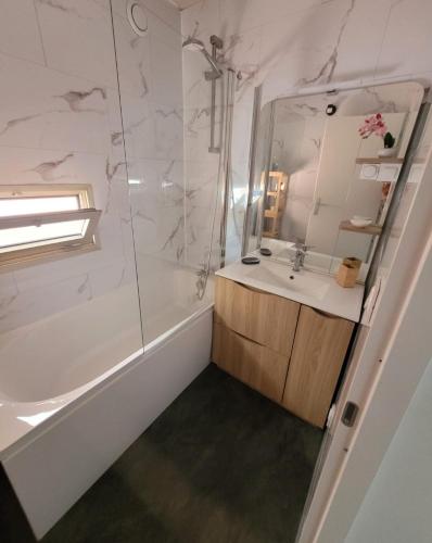 une salle de bain avec un lavabo, une baignoire et un miroir dans l'établissement Appartement 2 chambres à 5 min à pieds de la plage et tout commerce, à Vallauris