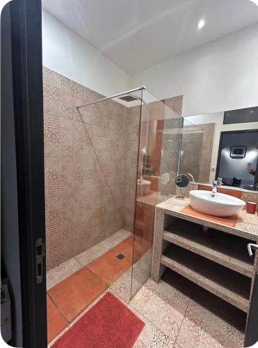 une salle de bain avec un lavabo et une douche en verre dans l'établissement Magnifique F2 Centre Historique Montpellier, à Montpellier
