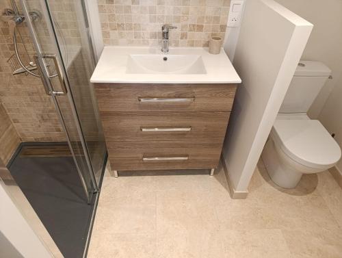 une salle de bain avec un lavabo, des toilettes et une douche dans l'établissement Maison climatisée avec Grand Jardin - 10 min à pied du Brusc et de sa plage, à Six-Fours-les-Plages