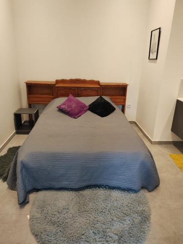 - une chambre avec un lit doté d'oreillers violets dans l'établissement Agréable studio près de cergy, à Ableiges