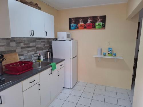 a kitchen with white cabinets and a white refrigerator at Tropical Palm Retreat in Willemstad
