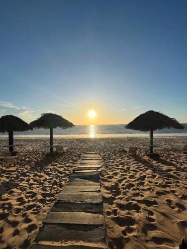 a beach with umbrellas and chairs and the ocean at Pousada dos Guarás in Salvaterra