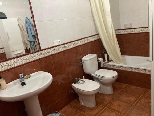 a bathroom with a toilet and a sink and a mirror at Casa Fuenteblanca in Liétor