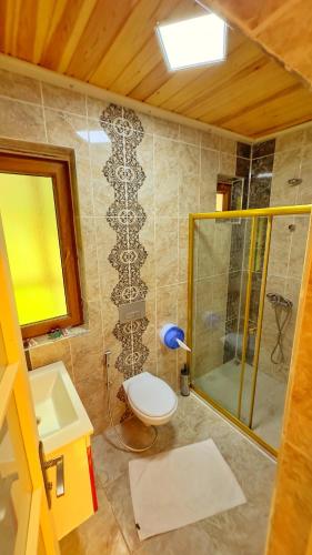 a bathroom with a shower and a toilet and a sink at Çakıroğlu Villa Kent in Uzungöl