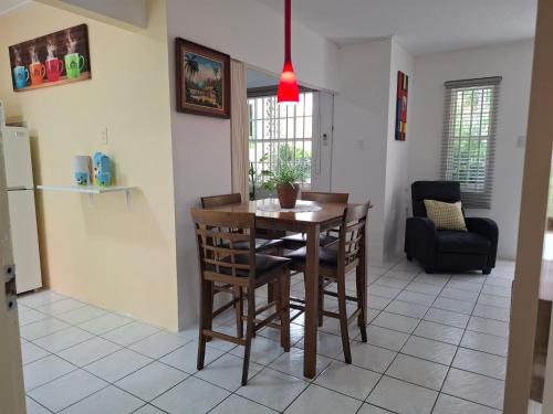 a kitchen and dining room with a table and chairs at Tropical Palm Retreat in Willemstad