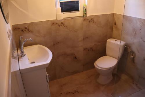 a bathroom with a toilet and a sink at Przy jeziorze in Kaliska Kośierskie