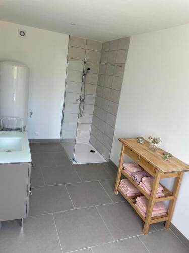 La salle de bains est pourvue d'une douche et d'une table en bois. dans l'établissement Les Petits Crapauds Gîte, à Bernesq