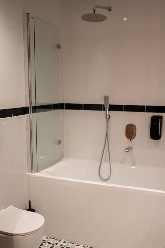 a white bathroom with a shower and a toilet at Folwark Pszczew in Pszczew