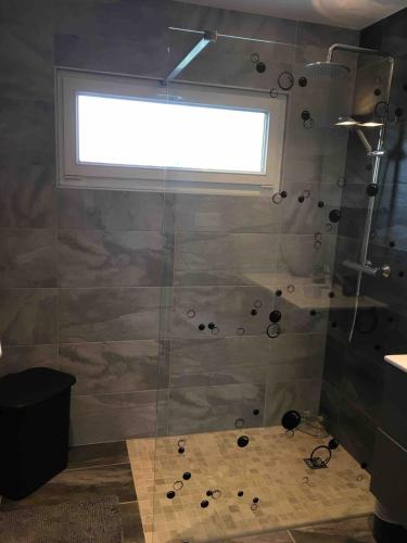 une salle de bain avec douche et fenêtre dans l'établissement Appartement au pied du Haut Koenigsbourg, à Sélestat