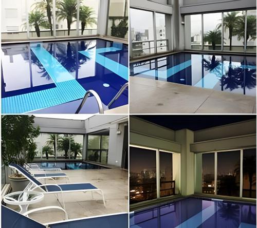 a collage of four pictures of a swimming pool at Itaim Alto Padrão 2suítes MobInn 803 in Sao Paulo