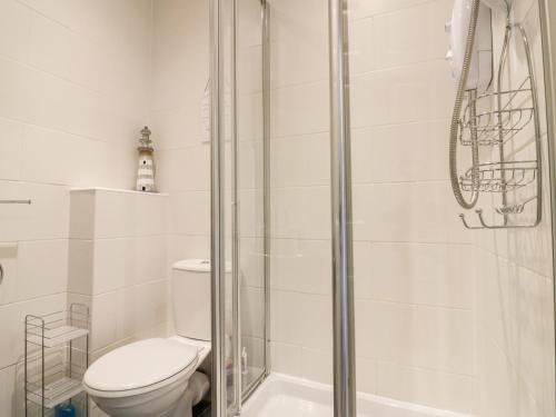 a bathroom with a toilet and a shower at 49 Atlantic Reach in Newquay