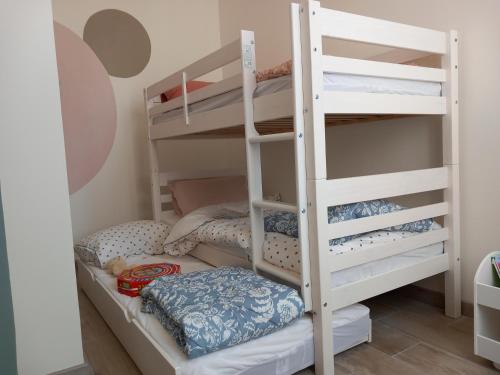 Cette chambre dispose de lits superposés avec une échelle et des lits superposés. dans l'établissement Dijon en famille - cosy, équipé bébé - 5 mn centre ville, à Dijon