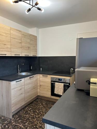 La cuisine est équipée d'un réfrigérateur et d'un évier. dans l'établissement Coloc Chambre privée meublée dans un appartement lumineux et spacieux, à Annemasse