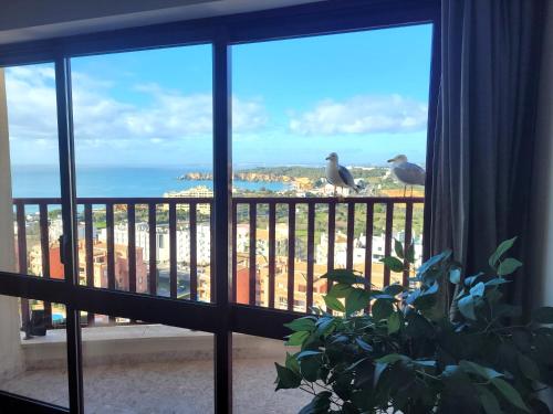 a view of the beach from a balcony with two birds at O WOW View Portimao, ALvor, ALGARVE in Portimão