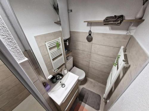 une petite salle de bain avec un lavabo et des toilettes dans l'établissement Résidence Le Carlton - 2 Pièces 4 couchages PORT LEUCATE. Réf: 2CAR_310B MAE-6253, à Leucate
