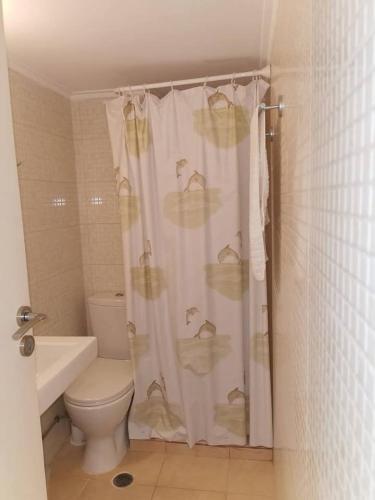 un bagno con un water e una tenda da doccia di Markou Mpotsari 19 & Hras, Perigiali , Korinthias a Kórinthos