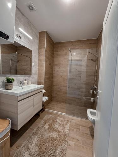 a bathroom with a shower and a sink and a toilet at Sal y Sol in Bar
