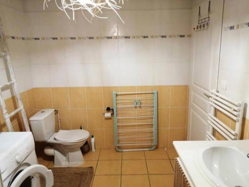 ヴァンデ・モンタリヴェにあるRésidence Les Hameaux - 109- Villa dans un petit Hameau avec piscine collective à Vendays MAE-7171のトイレと洗面台付きのバスルーム