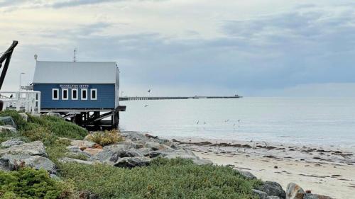 a blue building on the beach with birds in the water at Budgie Smuggler - Cabin 96 Geographe Bay Holiday Park in Broadwater