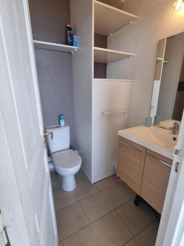 une salle de bain avec toilettes et lavabo dans l'établissement Beau Studio vue sur mer, route des sanguinaires, à Ajaccio