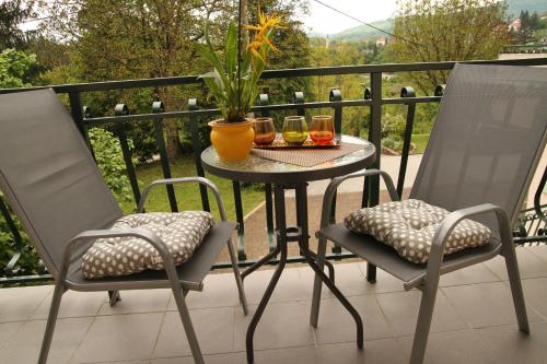 a table and two chairs with drinks on a balcony at Apartments Strmac in Slunj