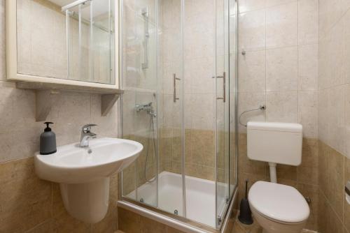 a bathroom with a sink and a toilet and a shower at Apartments Niki in Brela