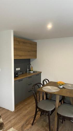a kitchen with a table and chairs in a room at Vila Luka i Ana - Apartman Luka in Zaovine