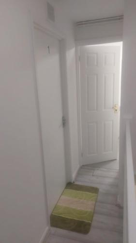 a white room with a door and a green rug at Modern Apartment in Southeast London in Plumstead