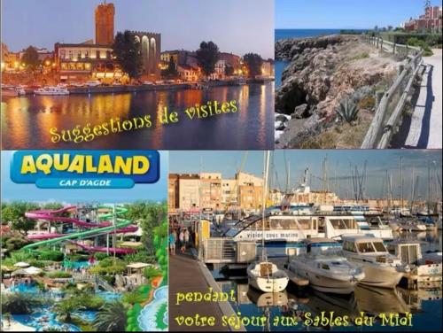 un collage de photos d'un port avec des bateaux dans l'établissement **Magnifique Nouveau Bungalow** Village Siblu - Plage - Piscine - Sauna..., à Valras-Plage