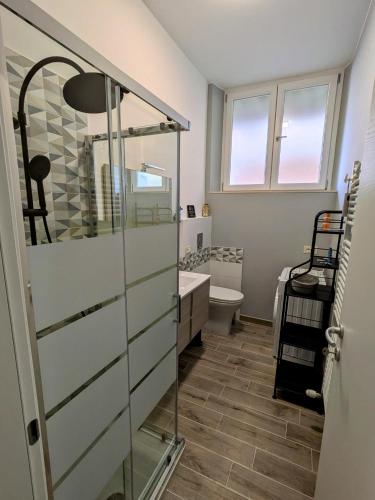 a bathroom with a glass shower and a toilet at Stella Apartment in Marina Palmense
