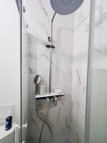 La salle de bains est pourvue d'une douche et d'un miroir. dans l'établissement Fleur de Liévin, à Liévin